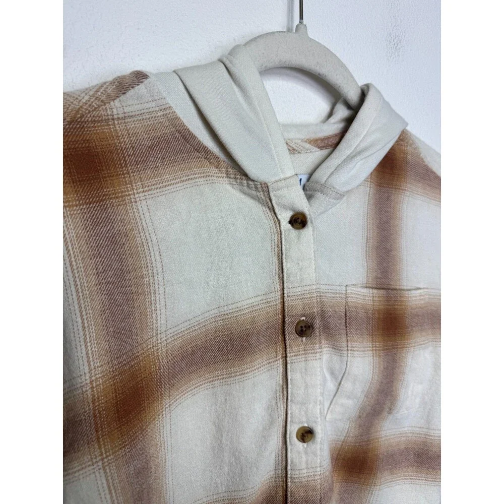 Old Navy Girls XL Hooded Flannel Shirt Cream Tan Plaid Button Front Long Sleeve